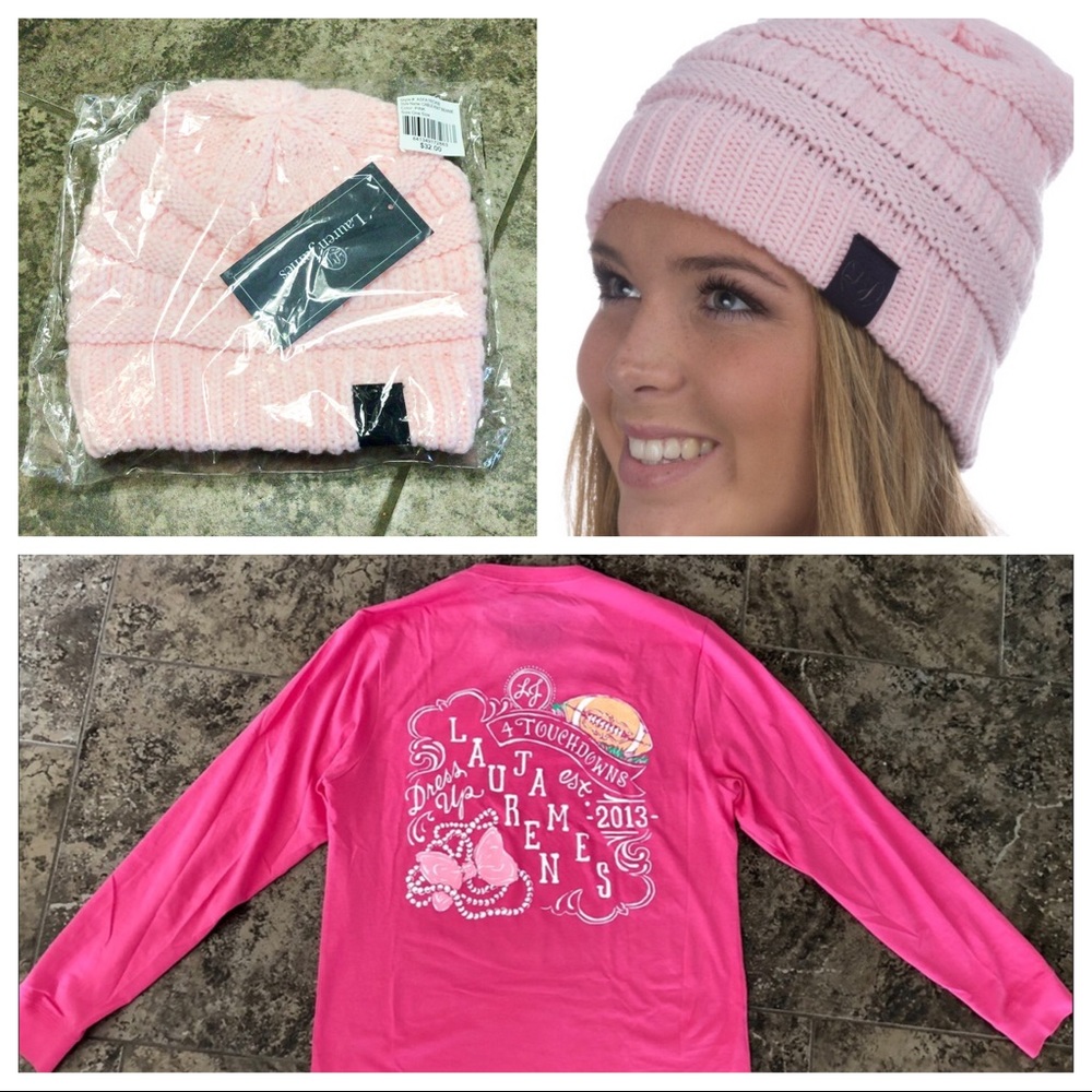 LAUREN JAMES DRESS UP TOUCHDOWNS LONG SLEEVE TEE AND CABLE KNIT PINK BEANIE